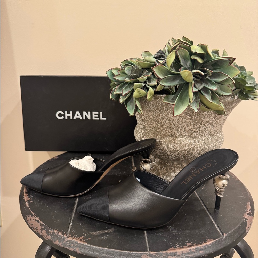 CHANEL Black Heeled Mules